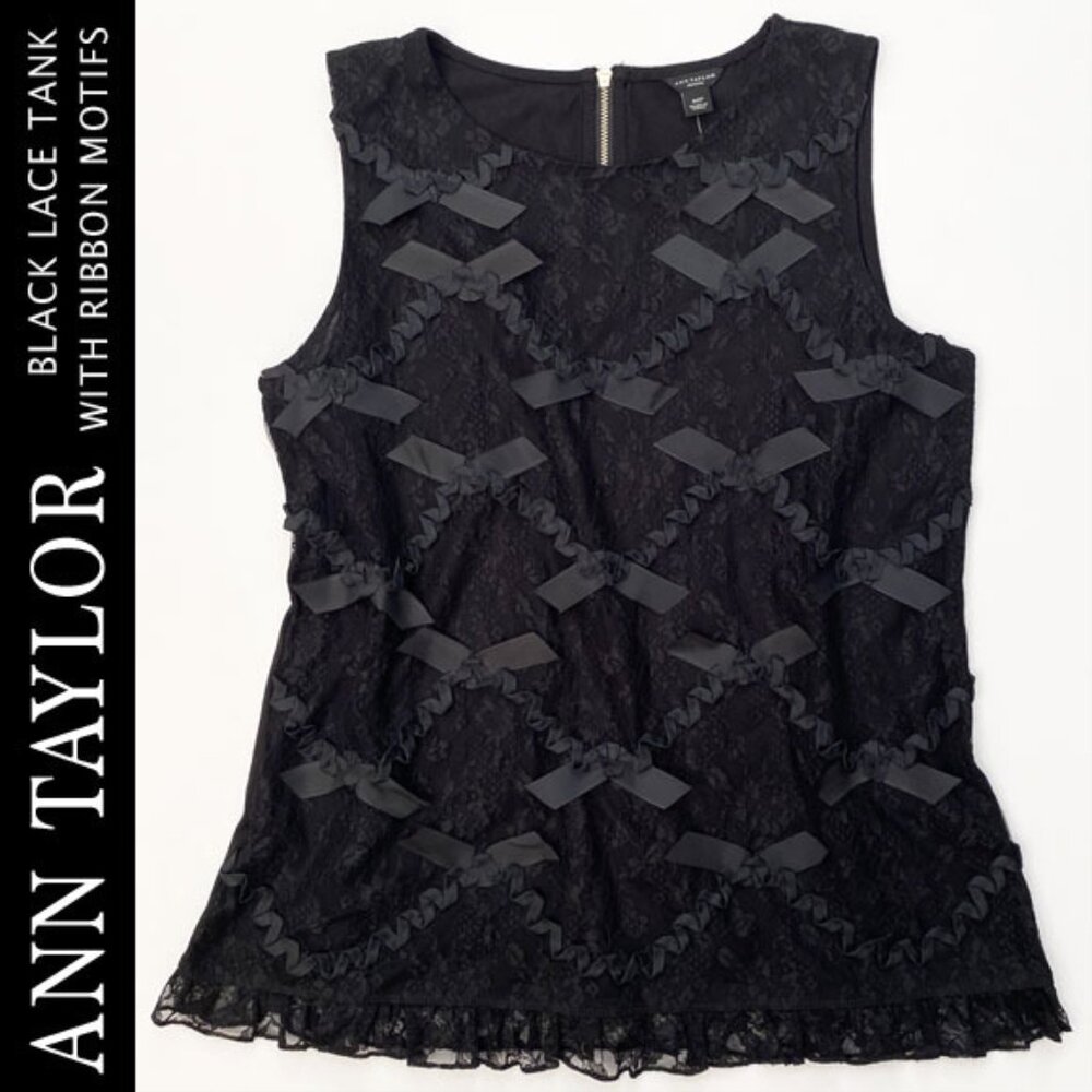NWT Ann Taylor Black Lace Tank With Ribbon Motifs Size MP